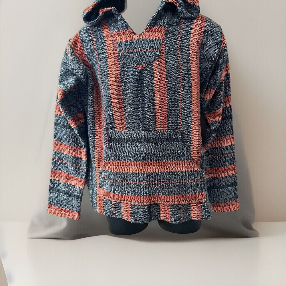 Senor Lopez Baja Hoodie Mens Medium Orange Gray Striped Mexican Blanket Pullover